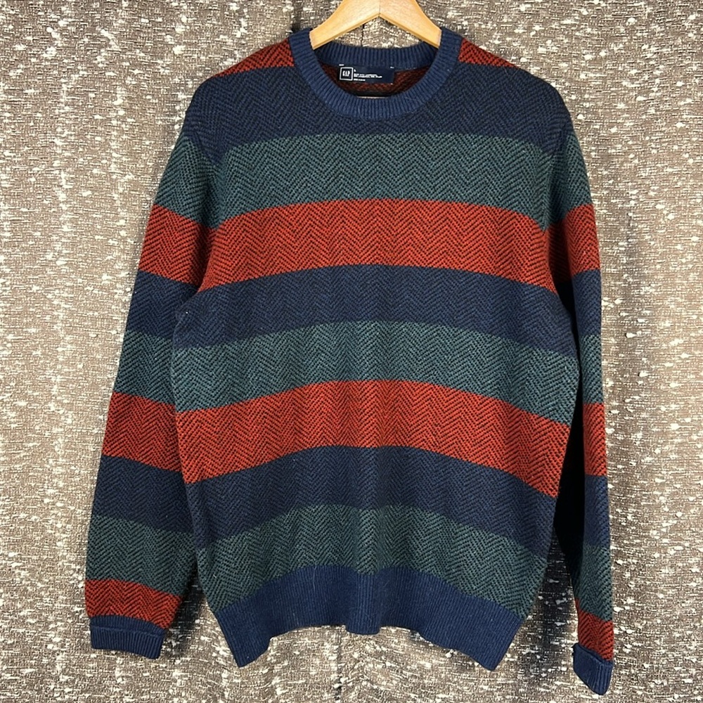 GAP Men's Crewneck Sweater - Red, Green, and Blue Stripes